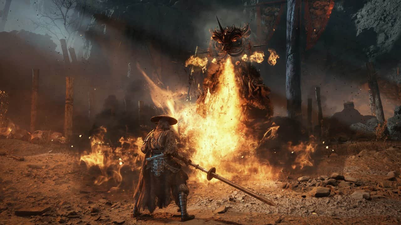 Soul clashing swords with a fire-breathing enemy amid flames in Phantom Blade Zero