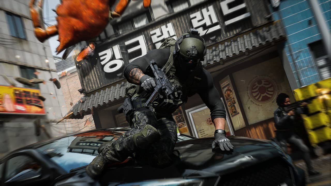 A soldier vaulting over a car on a street lined with Korean signs in Modern Warfare 4