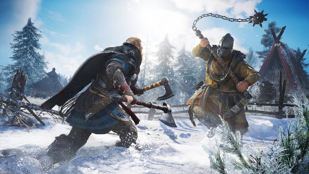 Eivor swinging an axe at an enemy in a snowy forest in Assassin's Creed Valhalla
