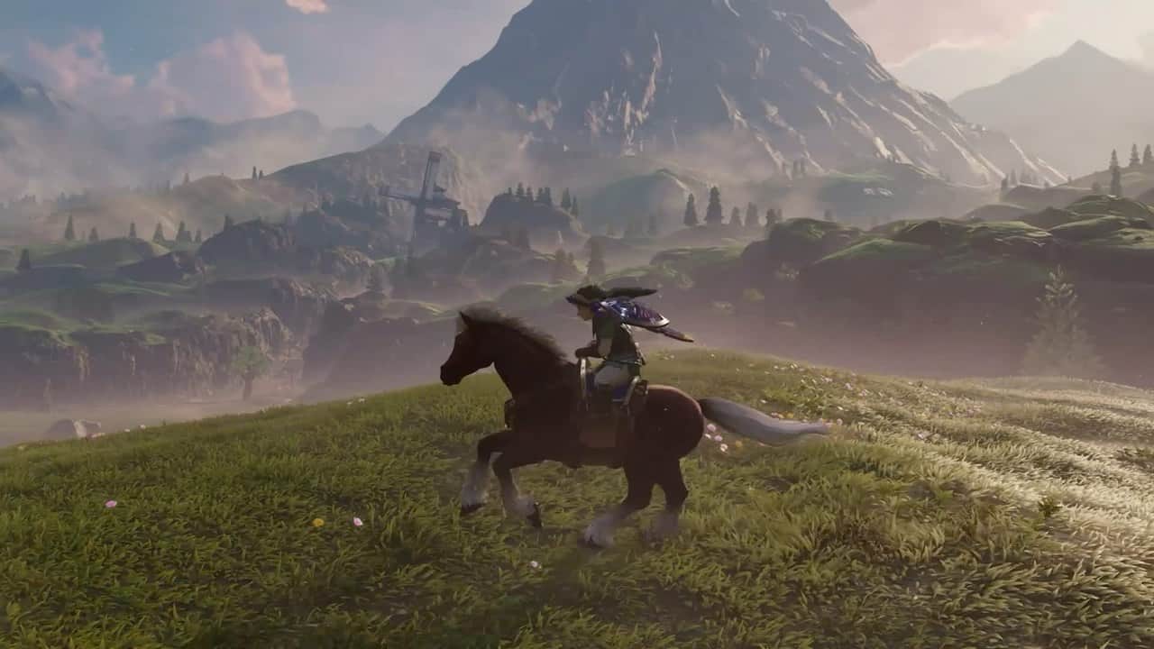 Link riding Epona across Hyrule Field in Ocarina of Time on Switch 2