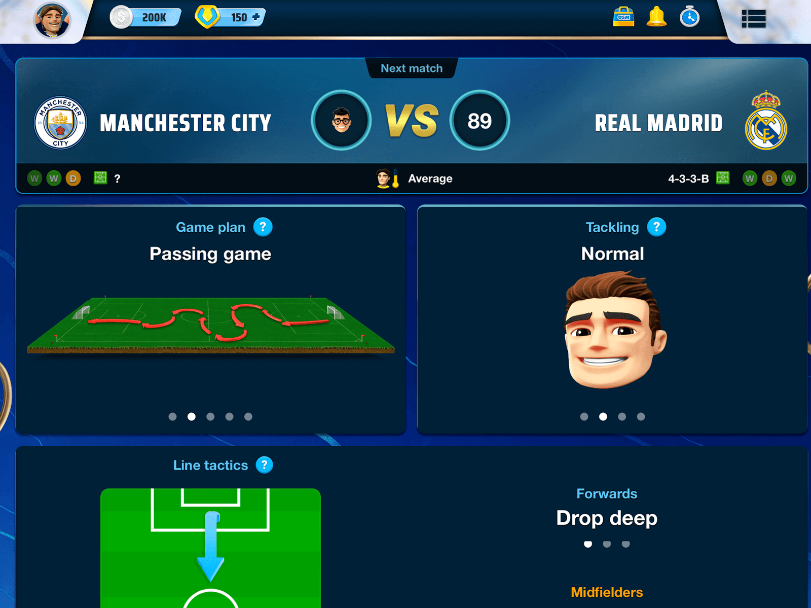 OSM pre-match tactics screen: Passing game plan, Normal tackling and line tactics