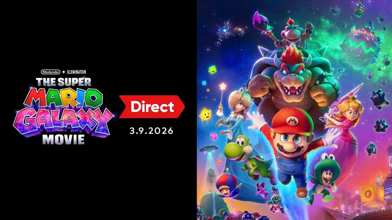 Official The Super Mario Galaxy Movie Direct art with Mario, Peach, Rosalina, Yoshi and Bowser in space