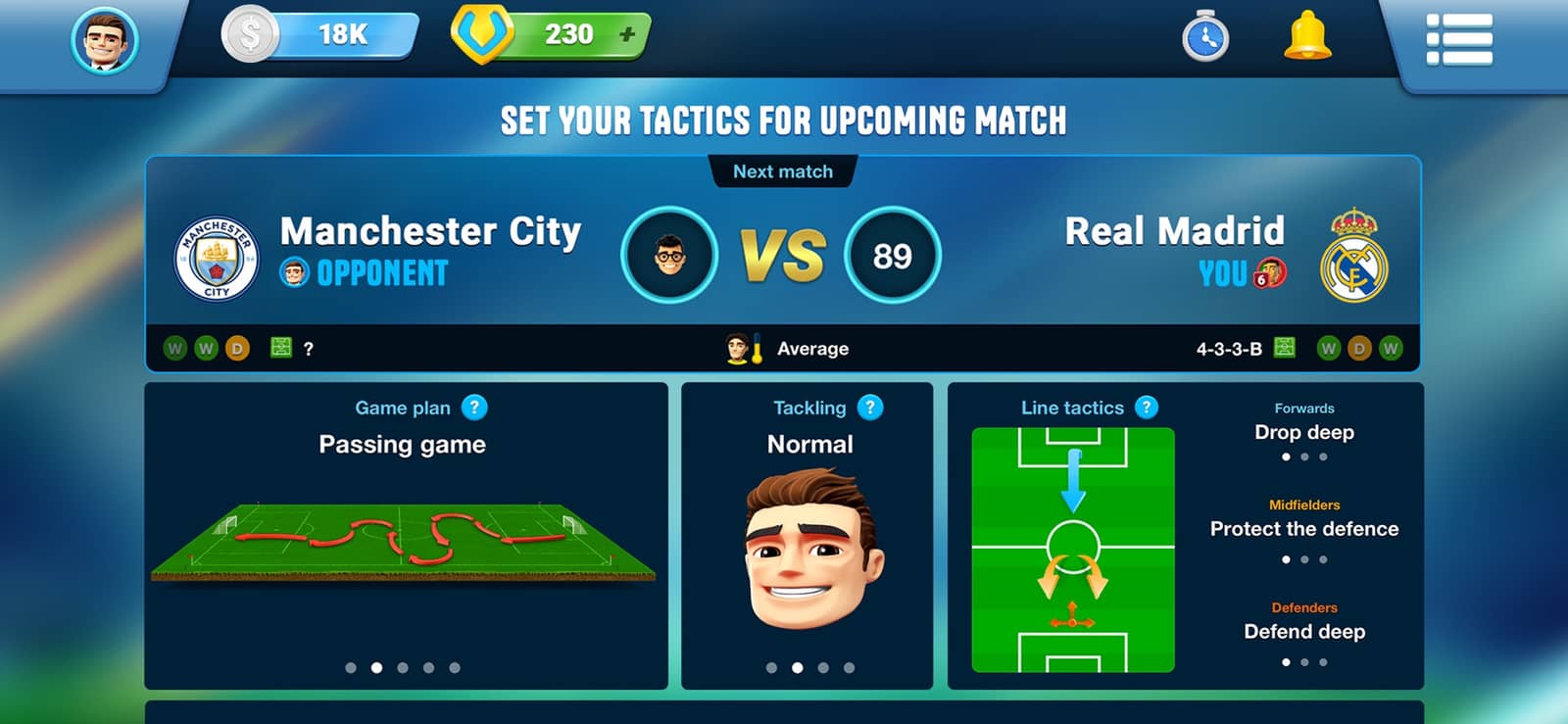OSM tactics screen: Passing game, Normal tackling; Drop deep, Protect the defence and Defend deep line tactics