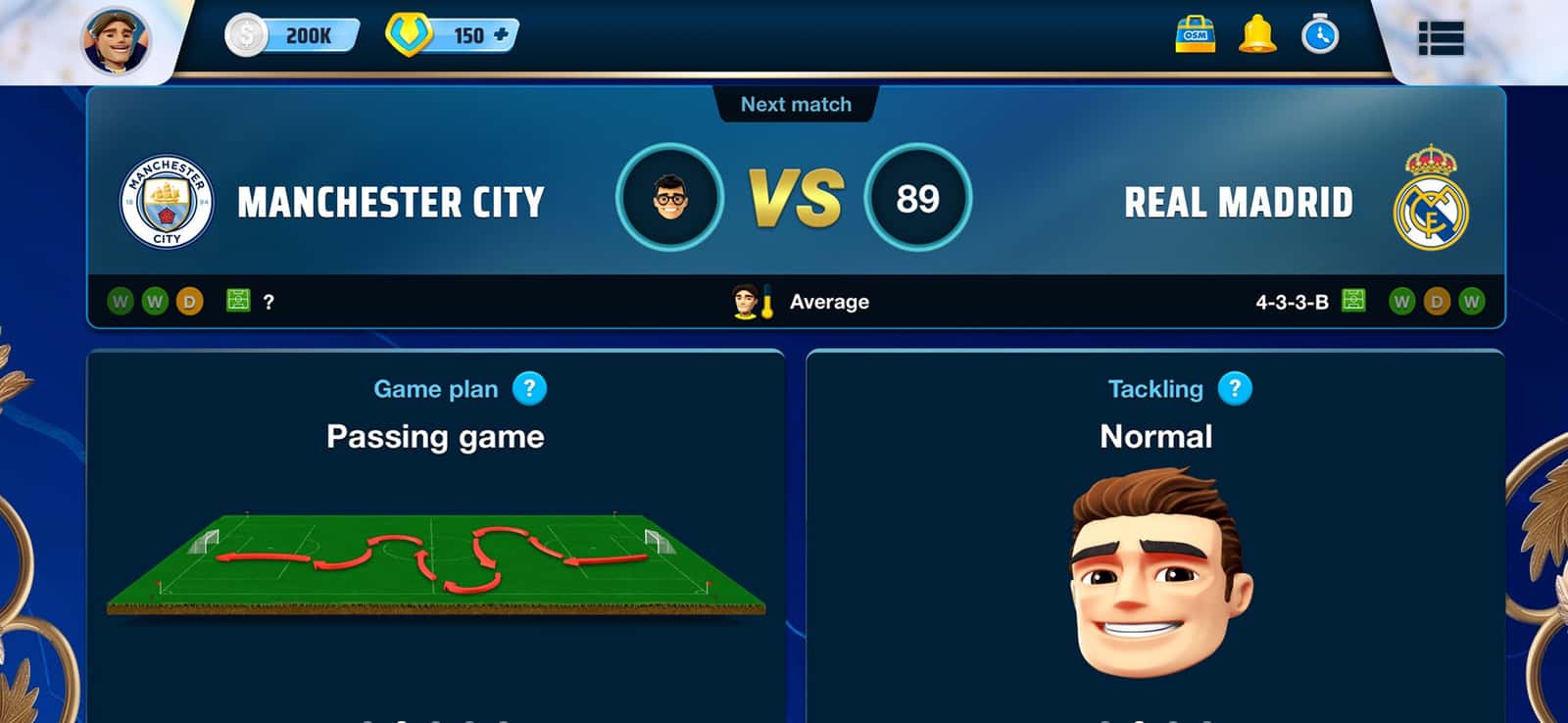 OSM pre-match tactics screen: Passing game plan and Normal tackling