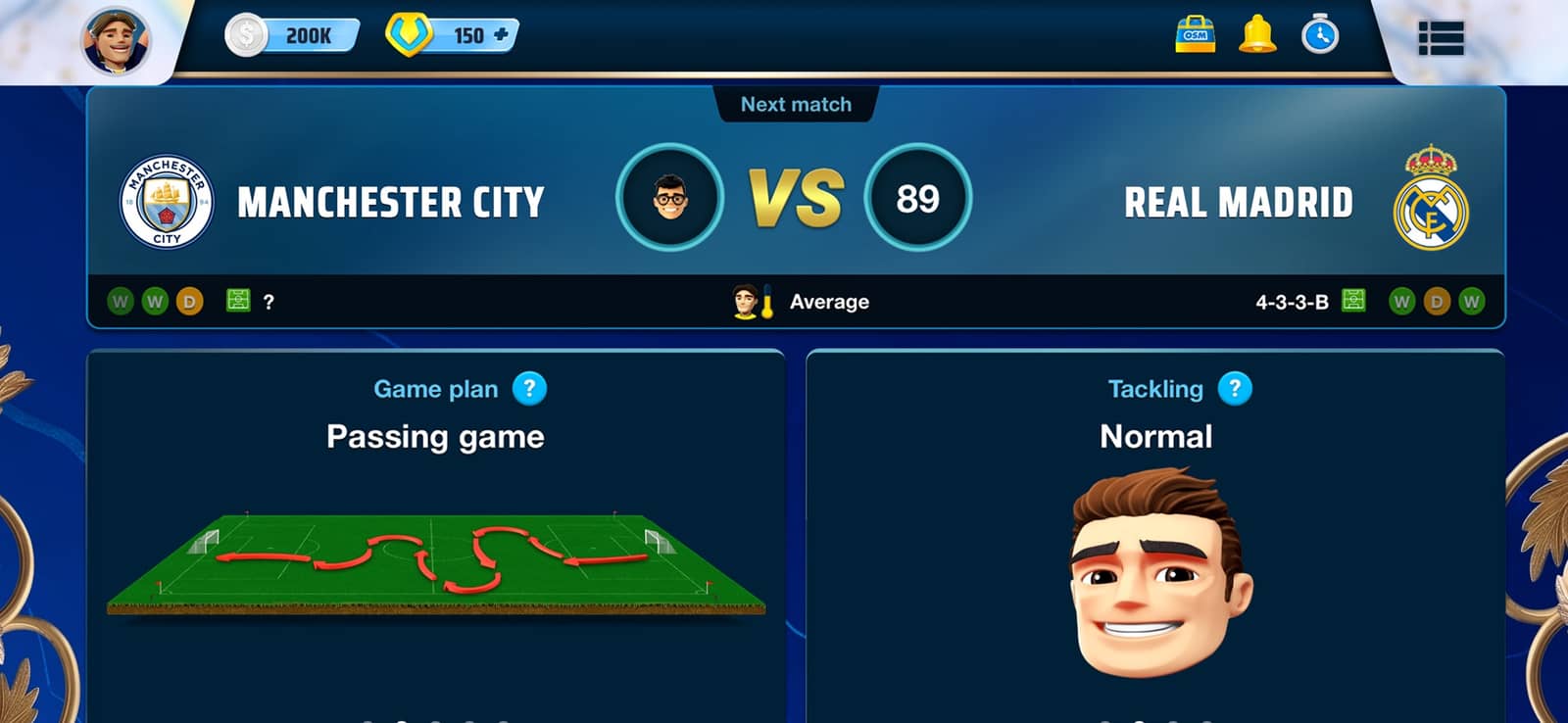 OSM pre-match tactics screen: Passing game plan and Normal tackling