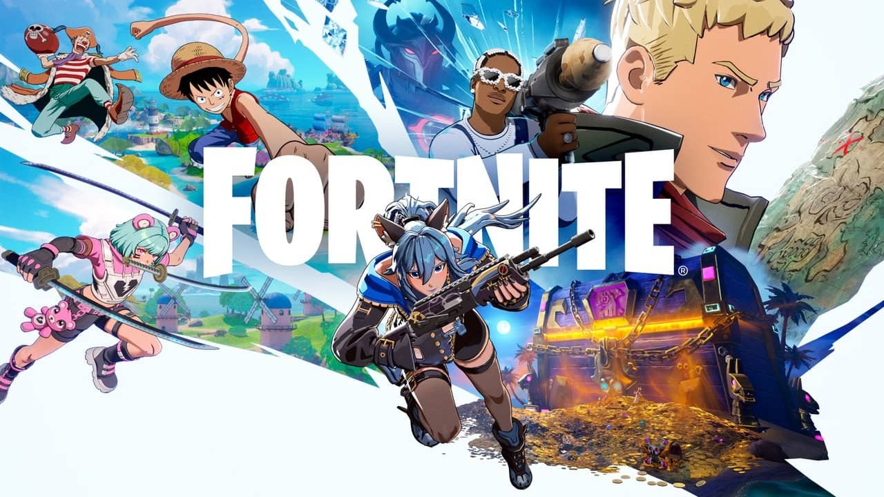 Luffy, Jonesy and pirate-themed characters around the Fortnite logo
