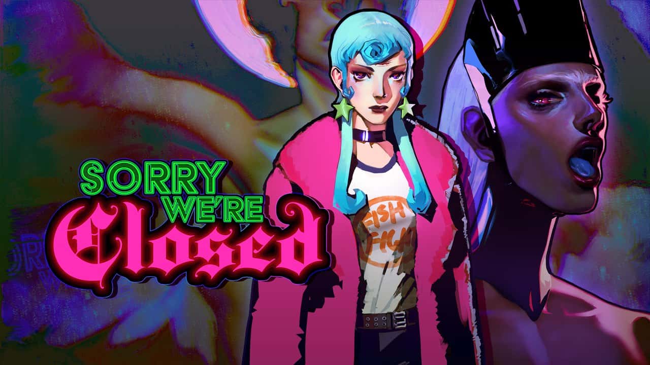 Official Sorry We're Closed key art showing Michelle in a pink jacket beside a demonic character