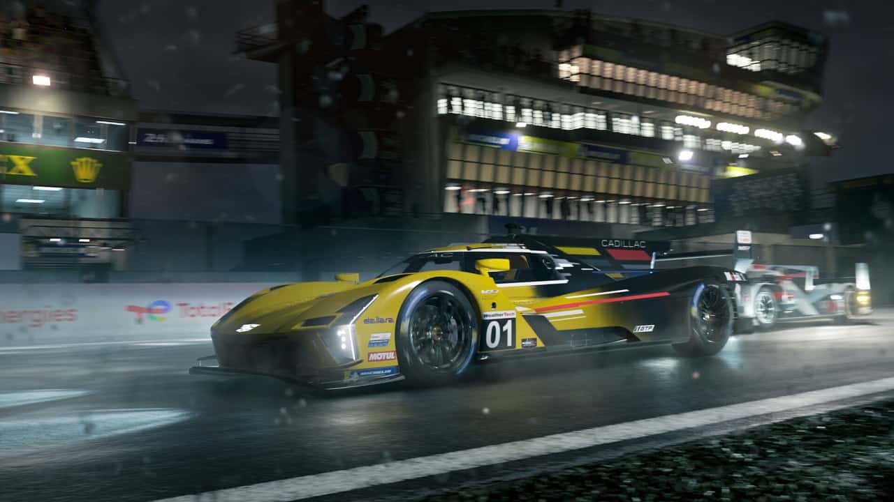A yellow race car speeding down a track at night in Forza Motorsport