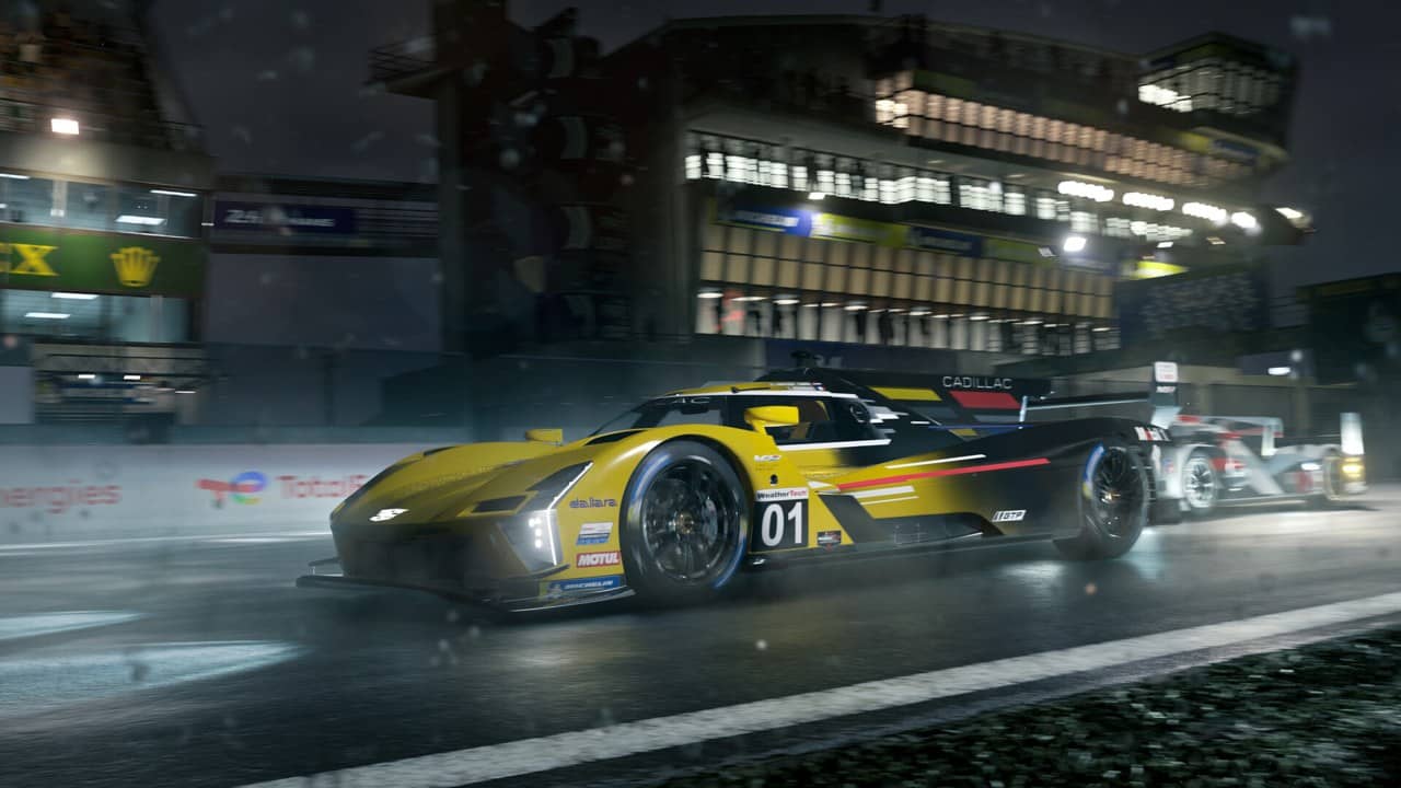 A yellow race car speeding down a track at night in Forza Motorsport