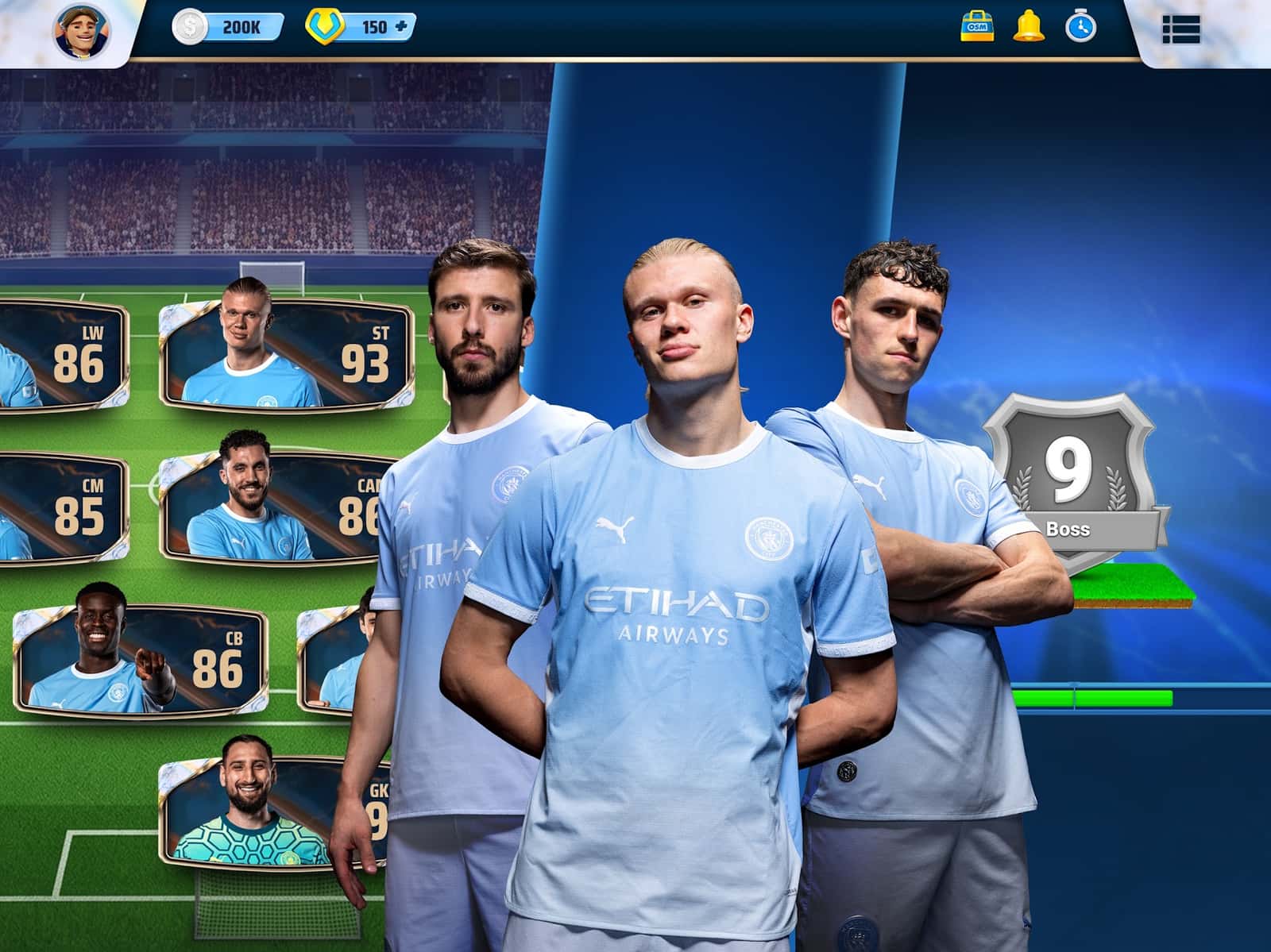 OSM manager level screen with the Boss badge and Manchester City players