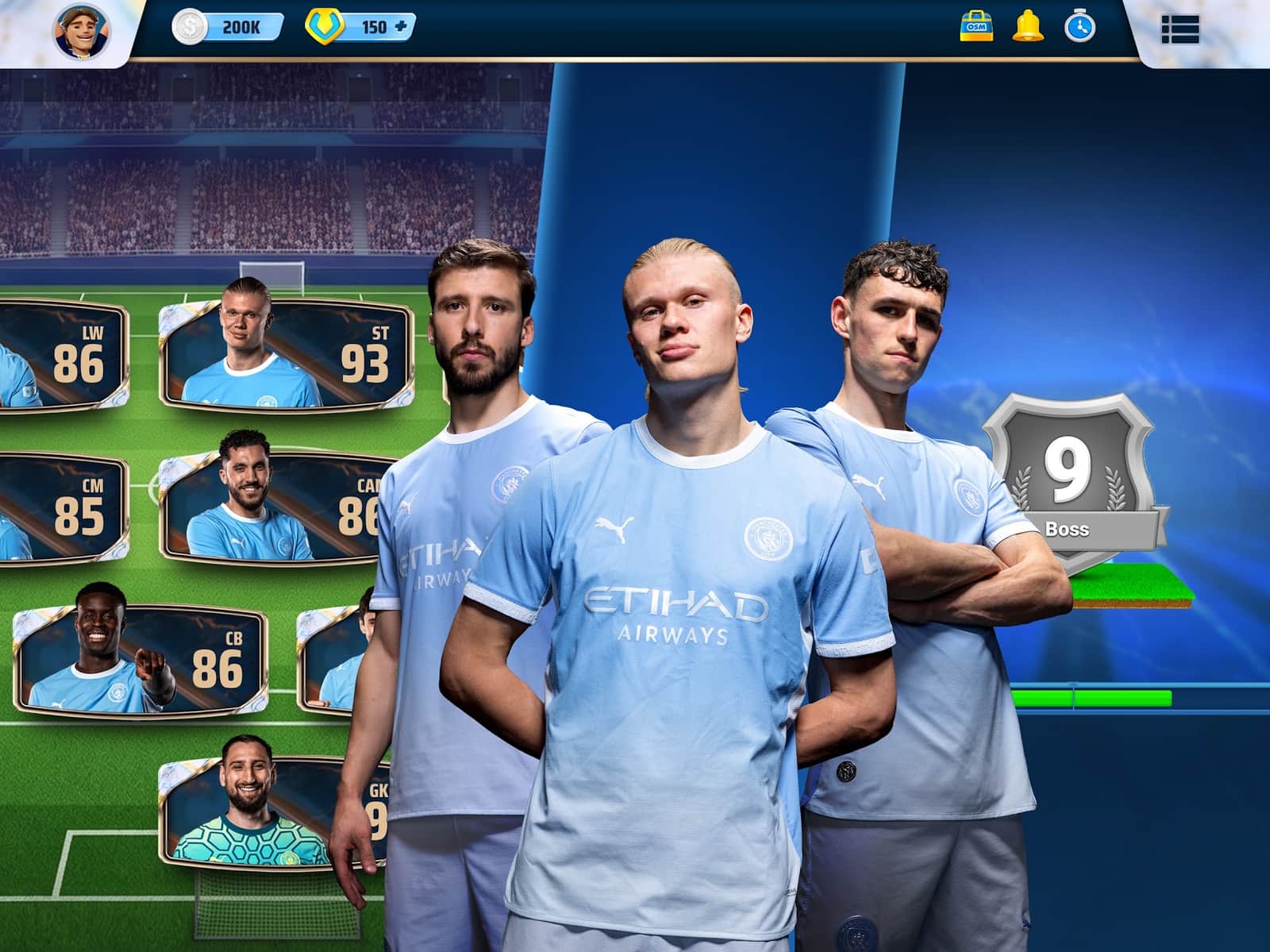 OSM manager level screen with the Boss badge and Manchester City players