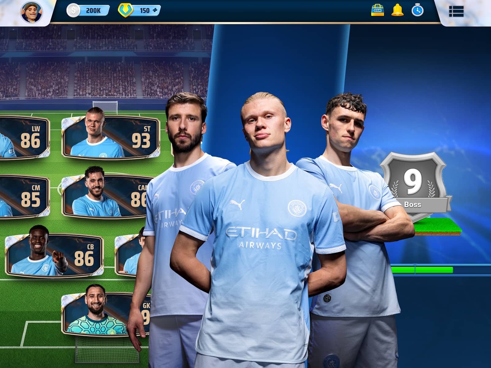 OSM manager level screen with the Boss badge and Manchester City players