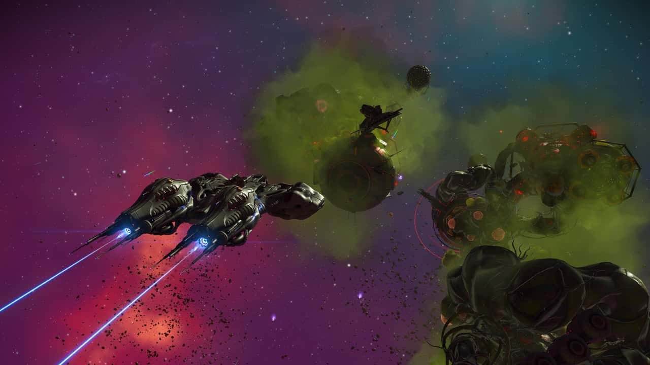 Biomechanical corvette starships flying through a green nebula in the No Man's Sky FORSAKEN update