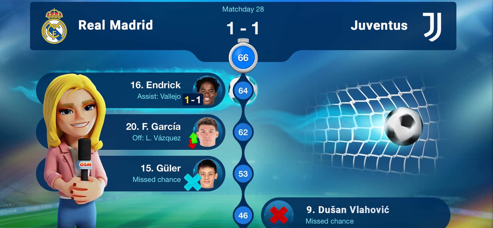 OSM match screen with the live event feed of a Real Madrid vs Juventus game