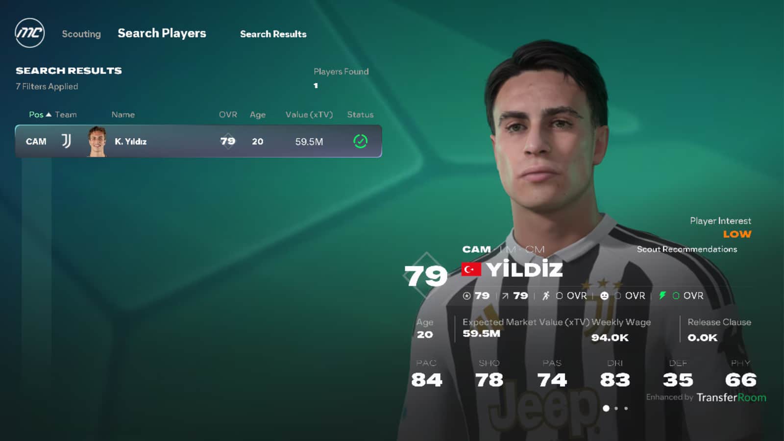 FC 27 Career Mode player search results with Kenan Yıldız's scouting card