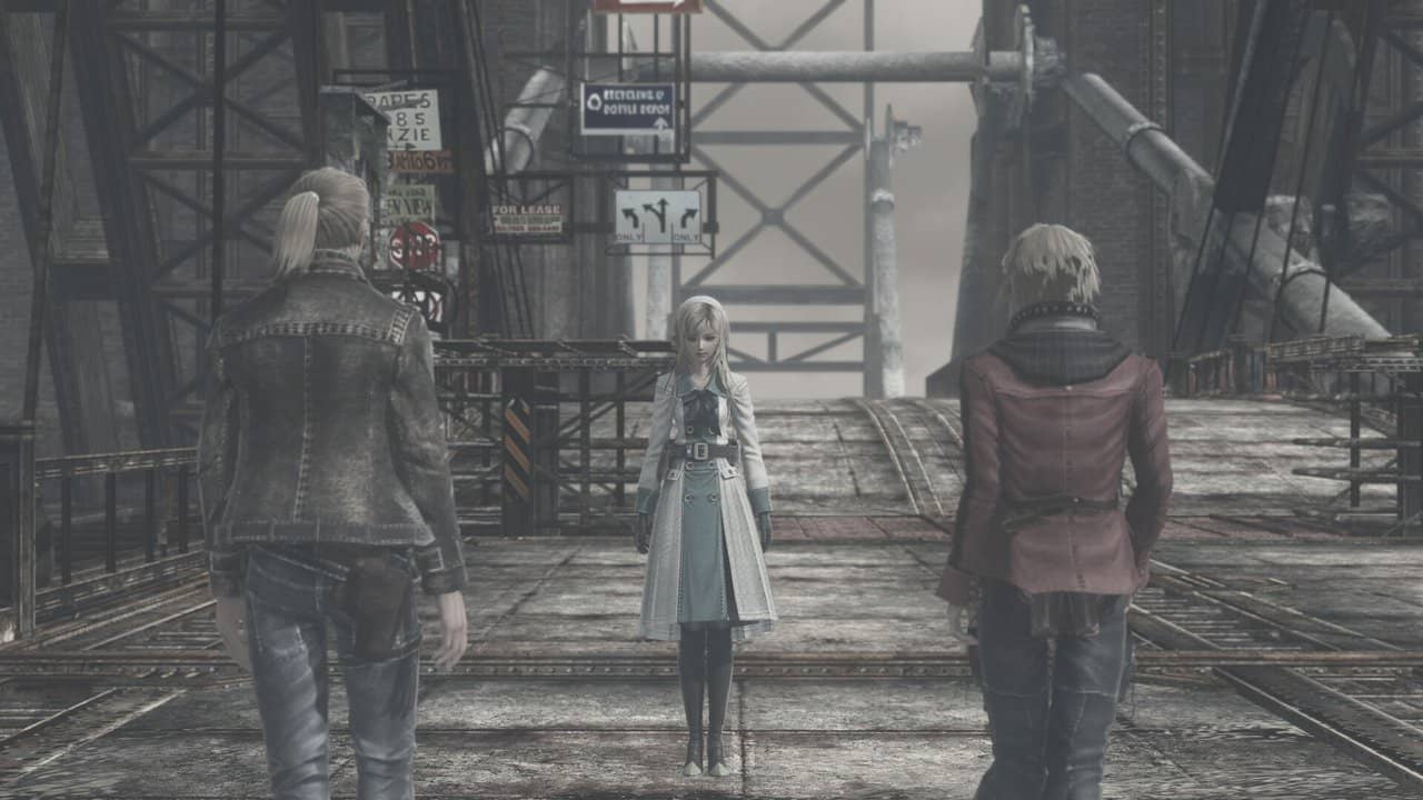 Zephyr, Leanne and Vashyron on a metal bridge in Resonance of Fate Enhanced Remaster