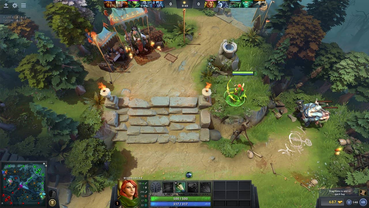 A Dota 2 lane with towers and heroes