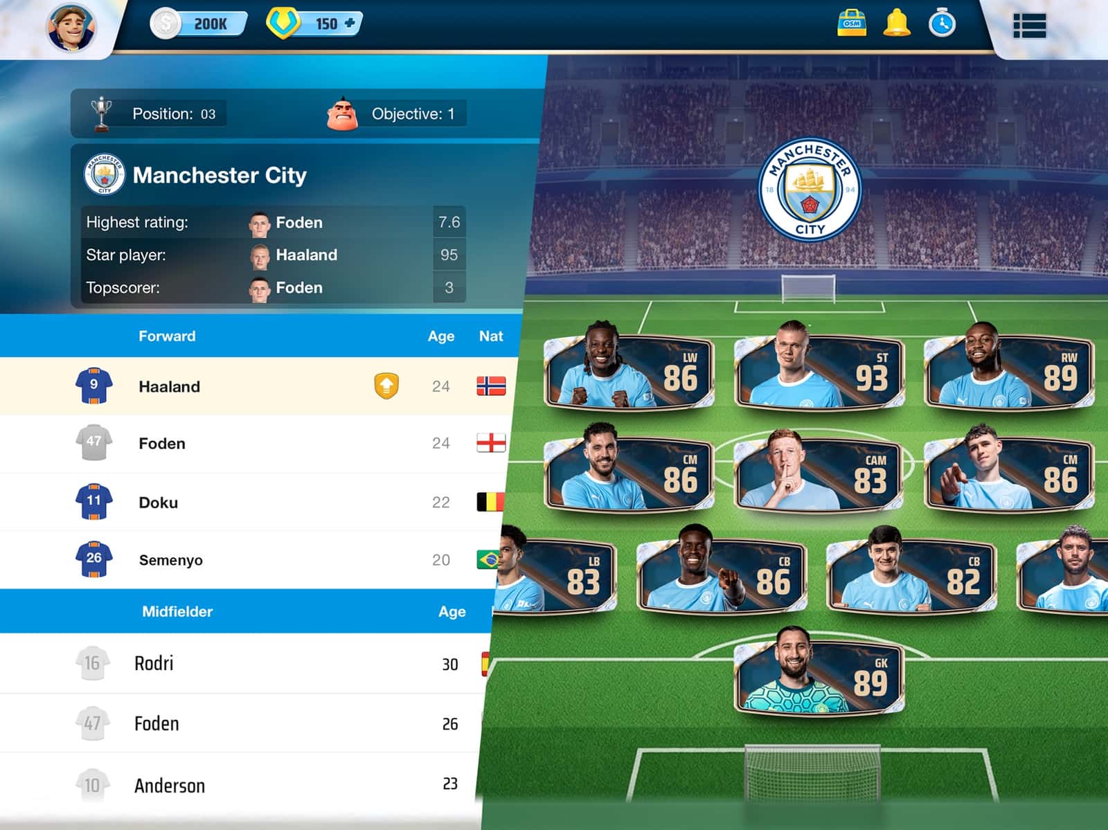 OSM squad screen showing the Manchester City player list and line-up on the pitch