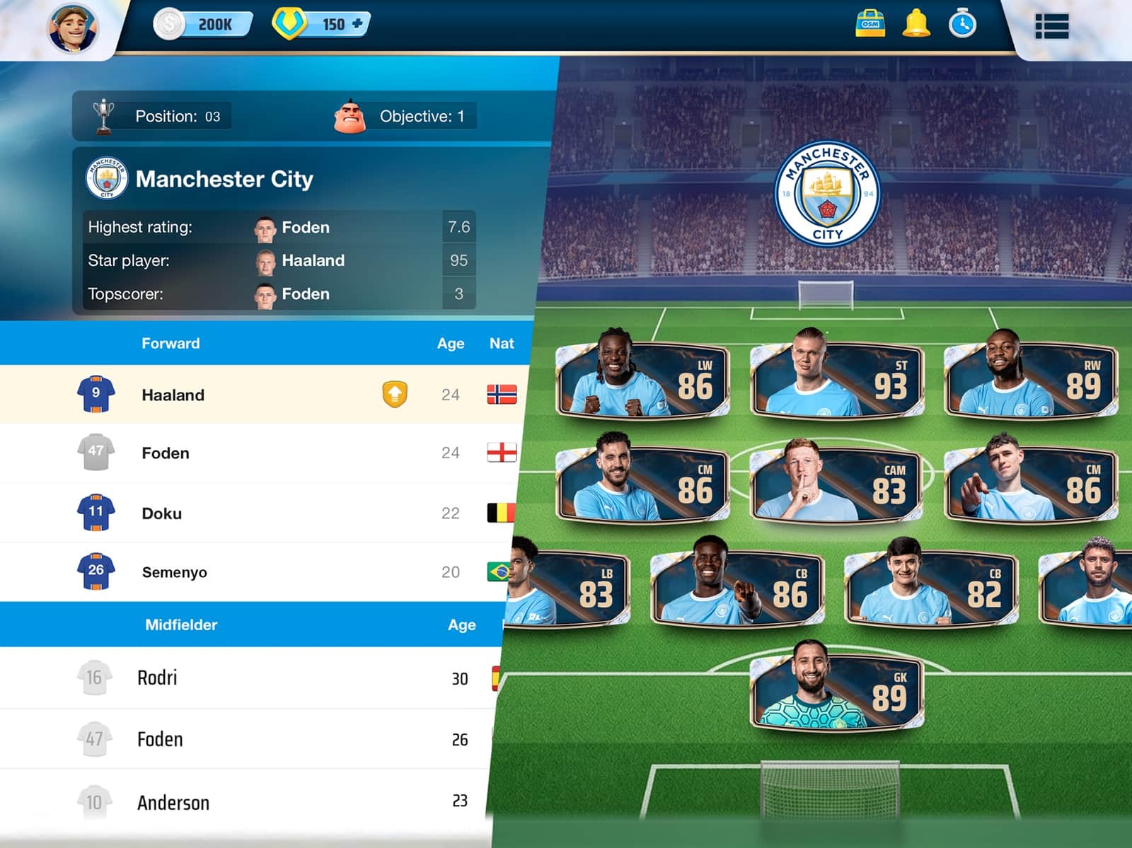 OSM squad screen showing the Manchester City player list and line-up on the pitch