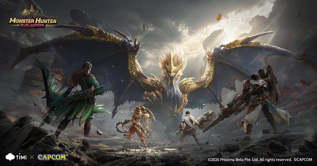 Official Monster Hunter Outlanders key art with the logo and hunters facing a glowing Elder Dragon