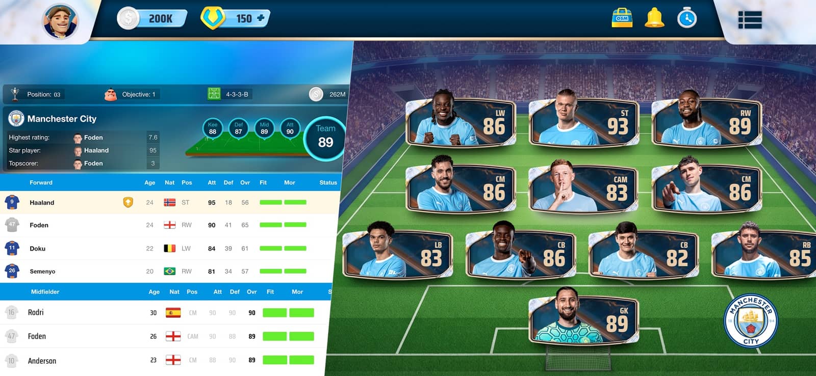 OSM squad screen showing the Manchester City player list and line-up on the pitch