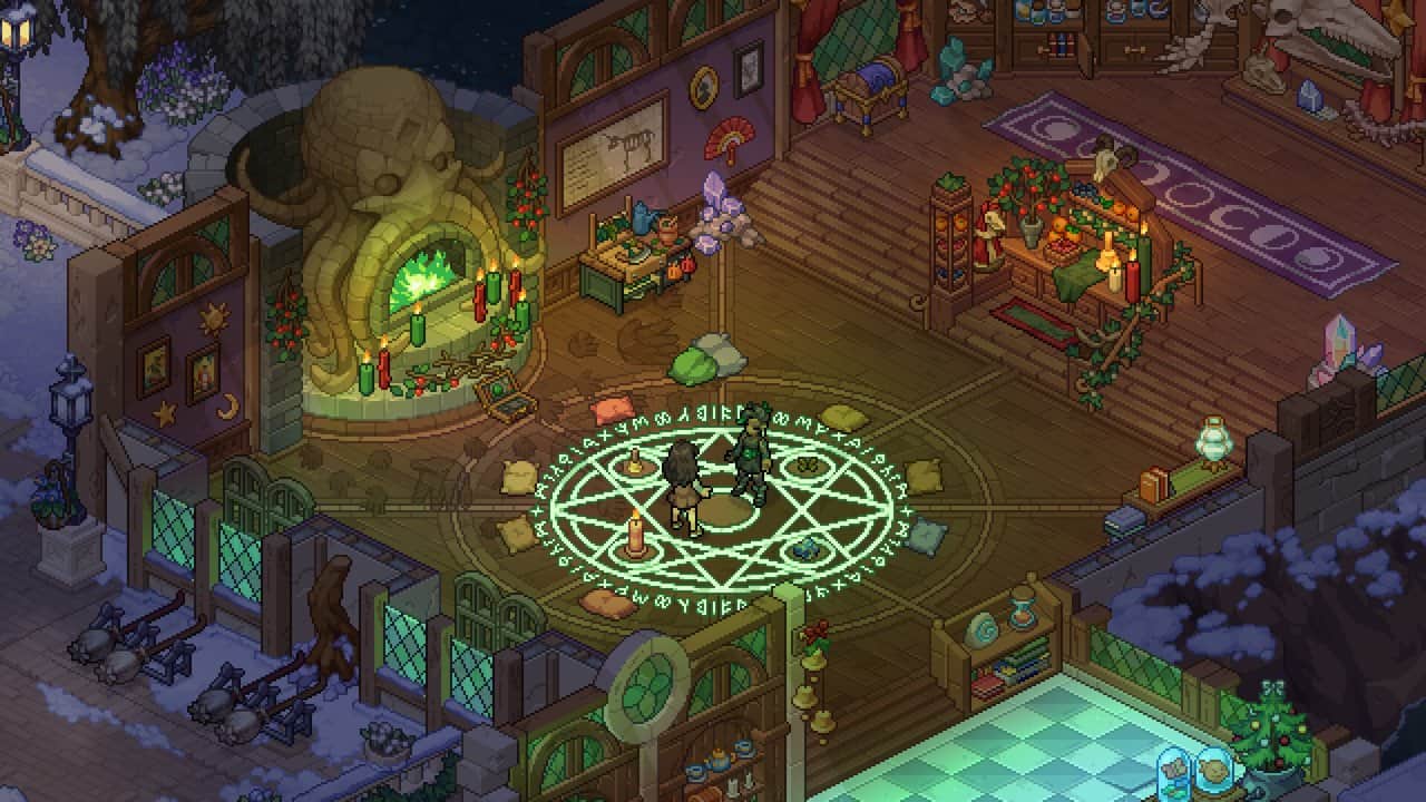 A magical pixel-art interior with a glowing green circle in Witchbrook