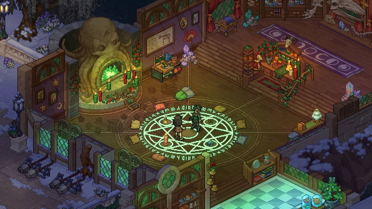A magical pixel-art interior with a glowing green circle in Witchbrook