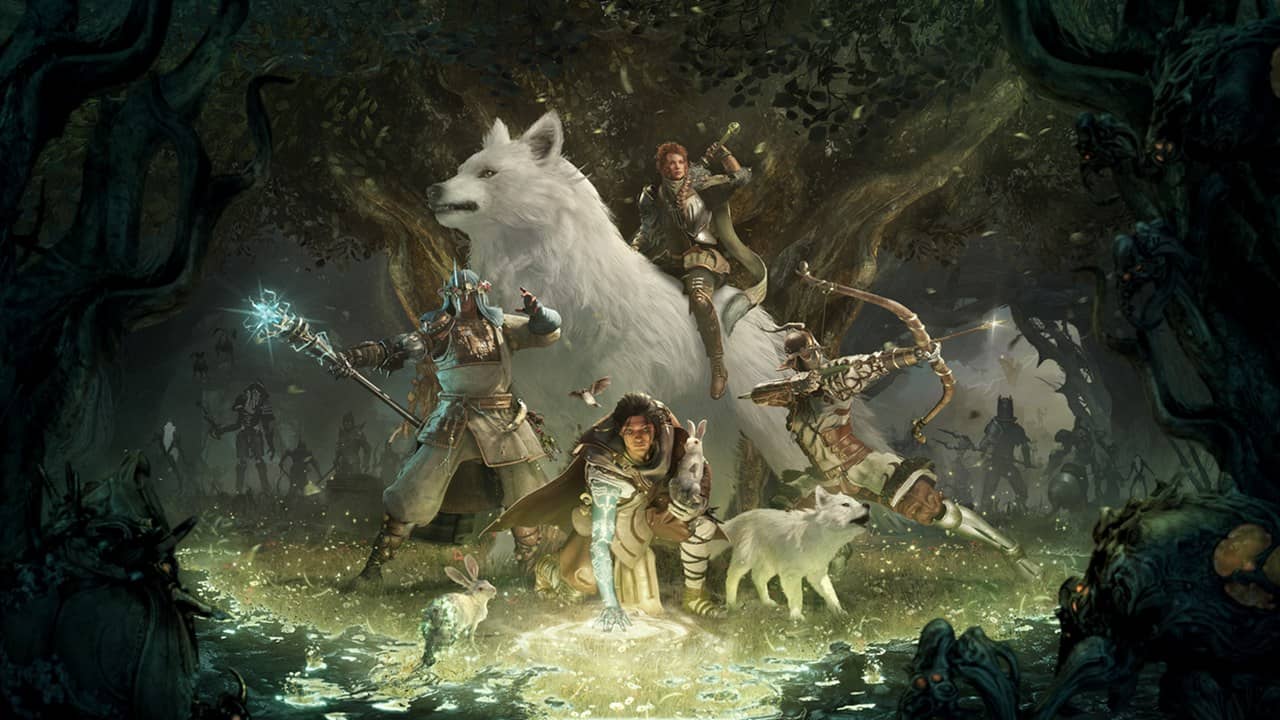 Characters fighting in a forest beside a giant white wolf in Soulframe