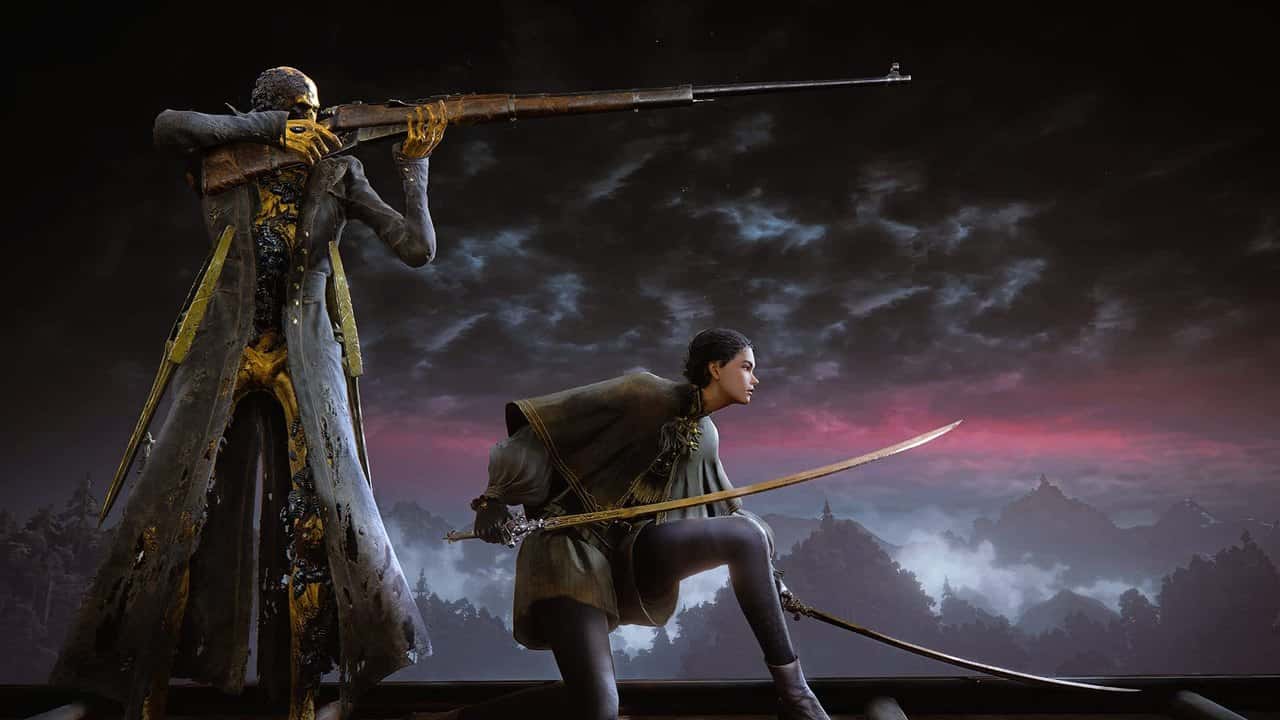 A spear-wielding hunter facing a sword-wielding rival under a night sky in The Duskbloods