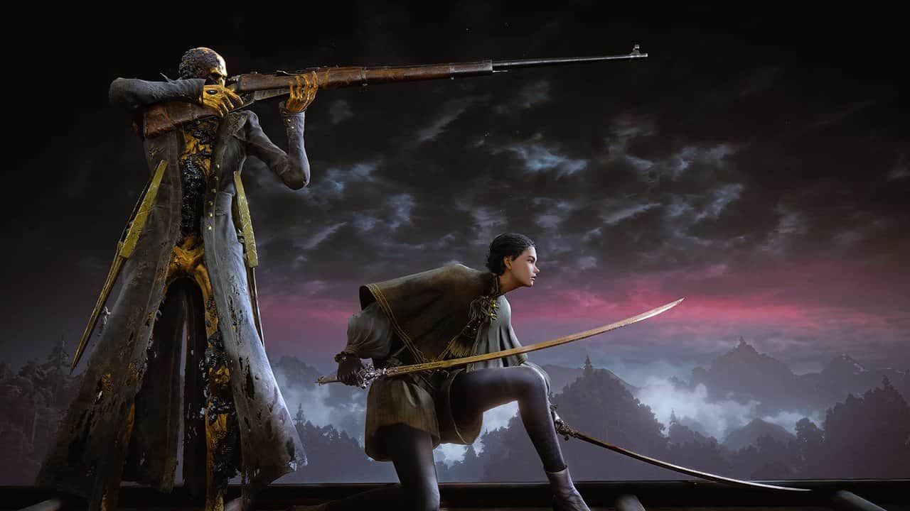 A spear-wielding hunter facing a sword-wielding rival under a night sky in The Duskbloods