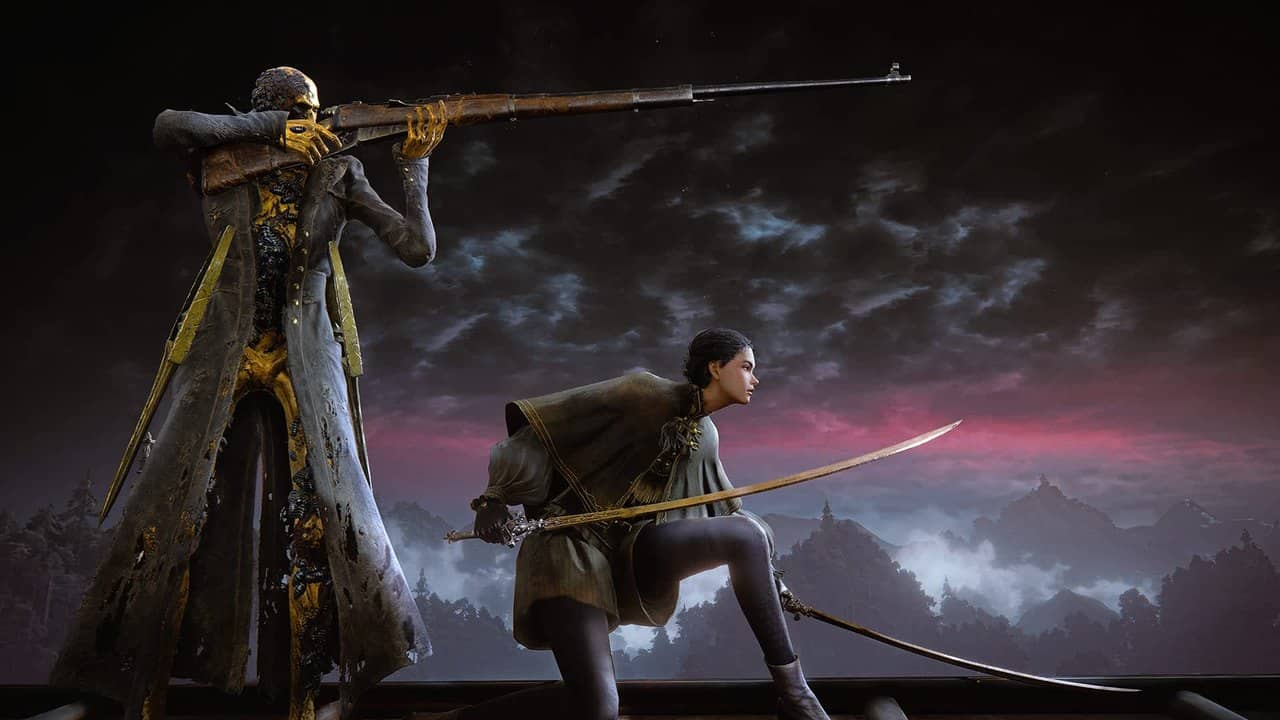 A spear-wielding hunter facing a sword-wielding rival under a night sky in The Duskbloods