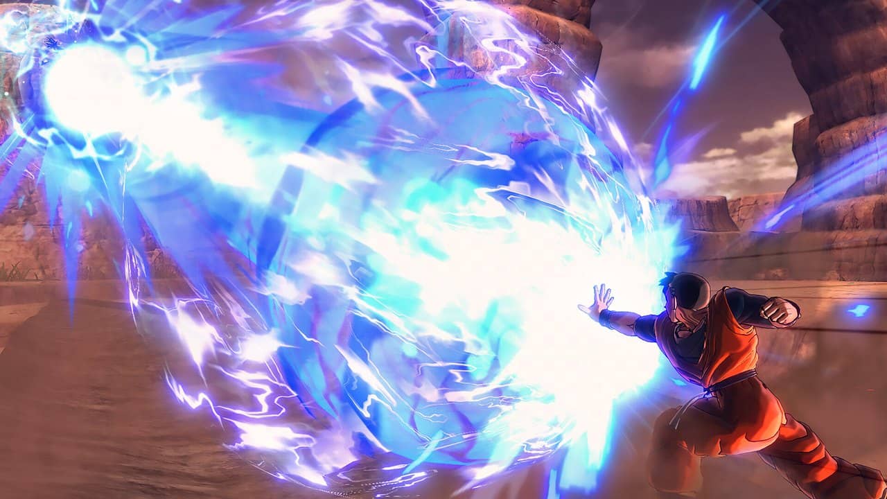 A fighter firing a blue energy wave in a close-up action shot from Dragon Ball Xenoverse 2