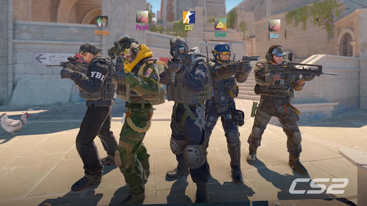 A five-player counter-terrorist squad aiming their weapons in Counter-Strike 2