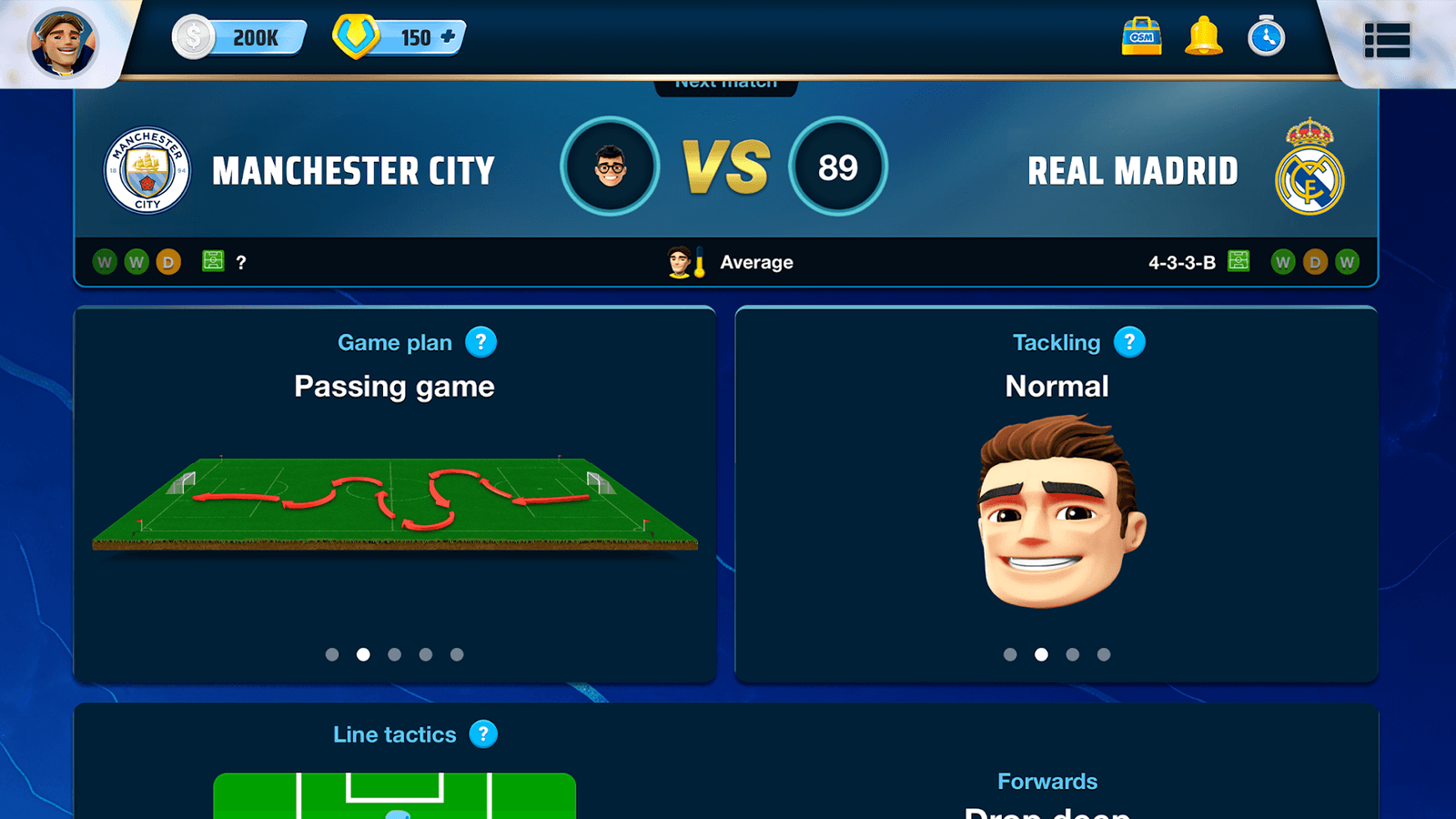 OSM pre-match tactics screen: Passing game plan, Normal tackling and line tactics