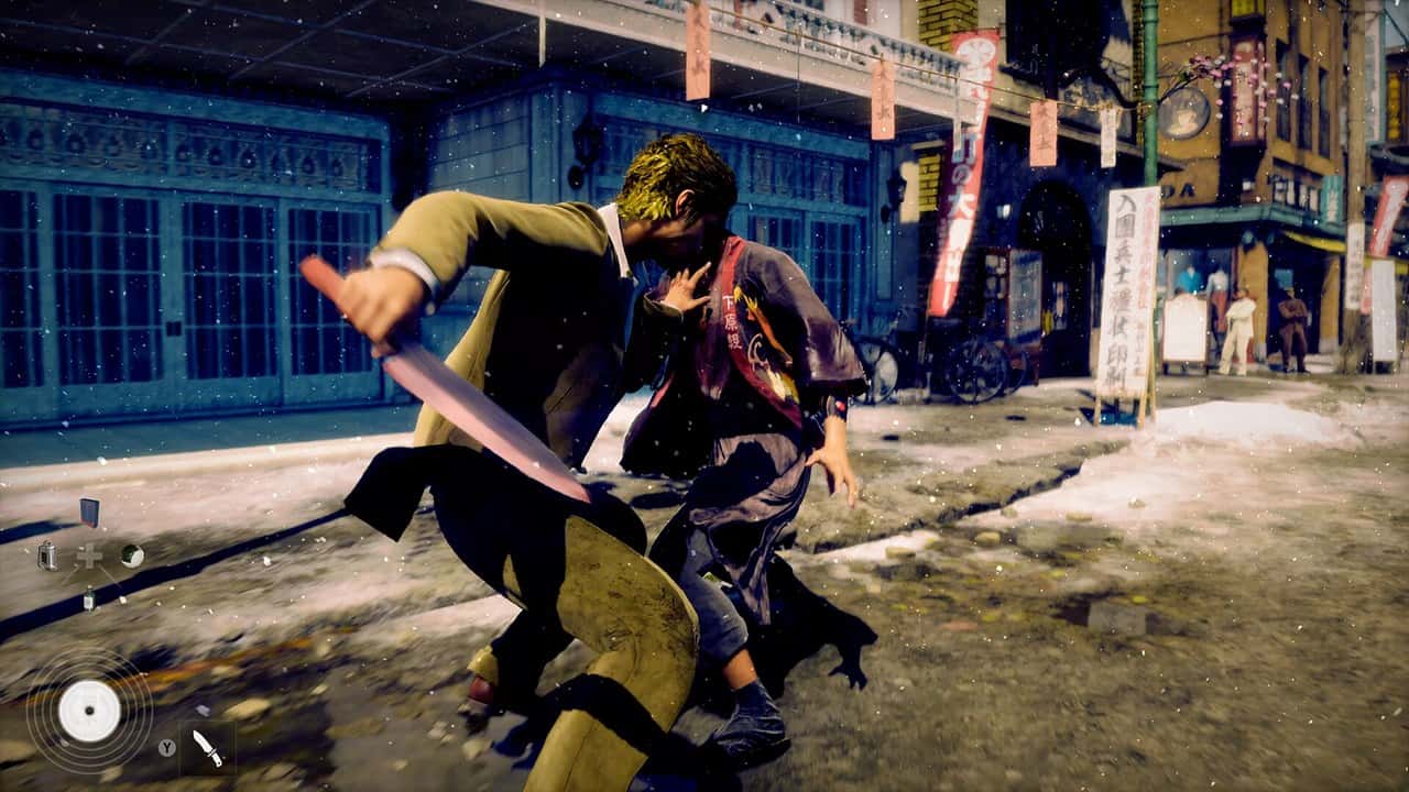 A character attacking with a sword on a city street in Stranger Than Heaven