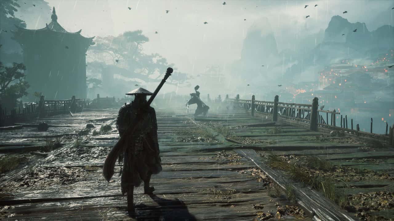 Soul carrying his sword across a misty wooden bridge in Phantom Blade Zero, official Steam screenshot