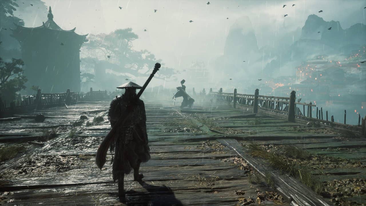 Soul carrying his sword across a misty wooden bridge in Phantom Blade Zero, official Steam screenshot