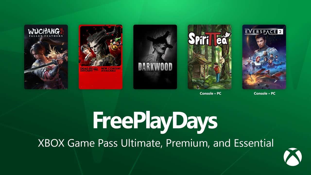 Xbox Free Play Days artwork for October 29 showing WUCHANG, Dead by Daylight, Darkwood, Spirittea and EVERSPACE 2
