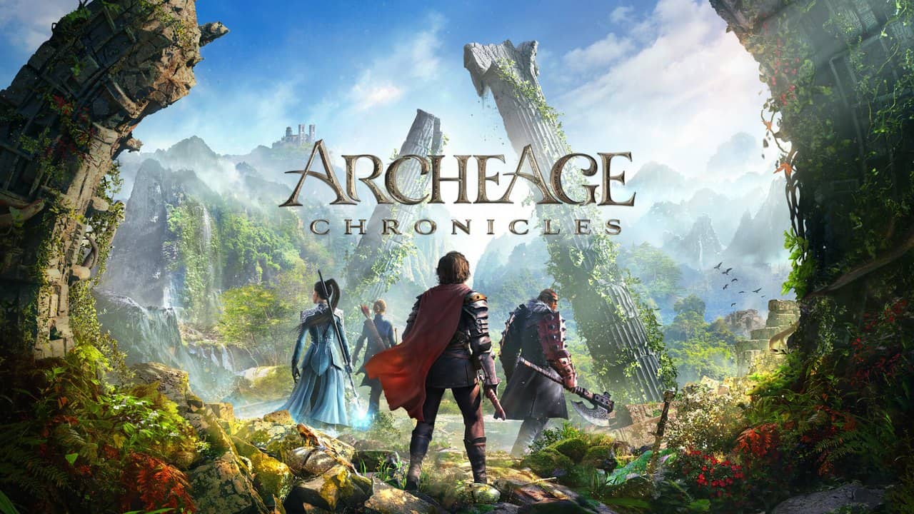 Official ArcheAge Chronicles key art showing four adventurers looking over a green valley beneath the game's logo