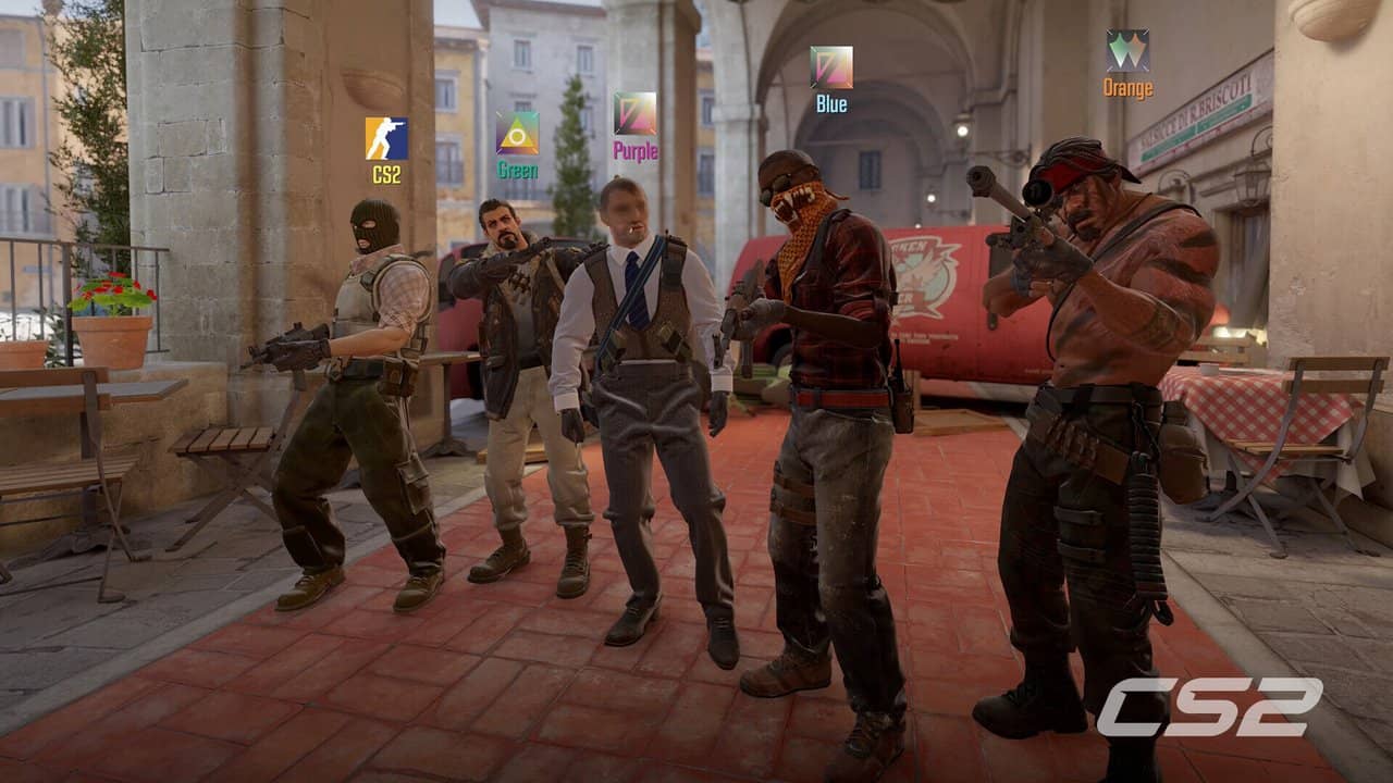 Counter-Strike 2 terrorist squad posing with their weapons in a sunny Spanish-style plaza