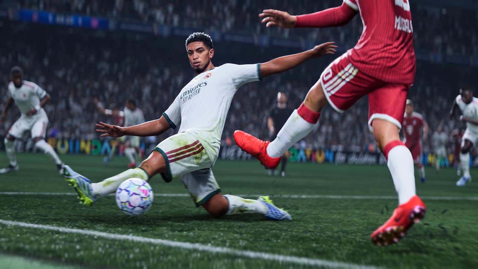 A Real Madrid player making a sliding challenge in FC 27