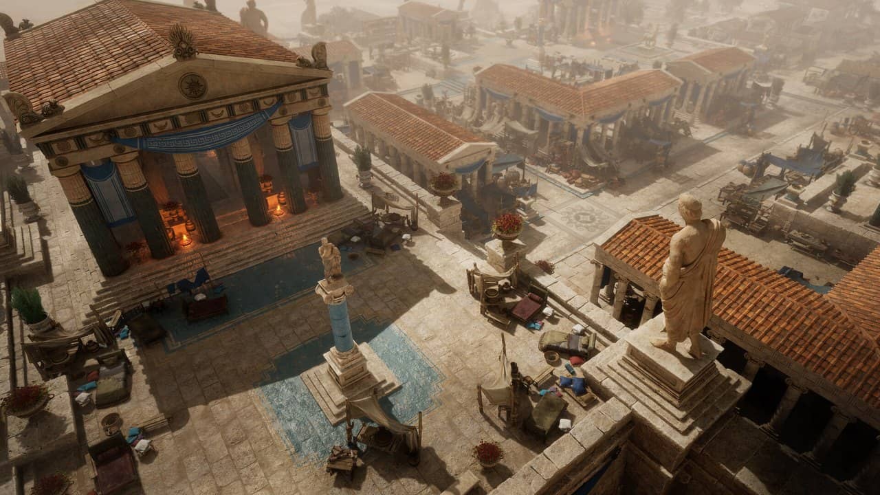 Official Titan Quest II Steam screenshot of a city filled with ancient Greek temples and statues
