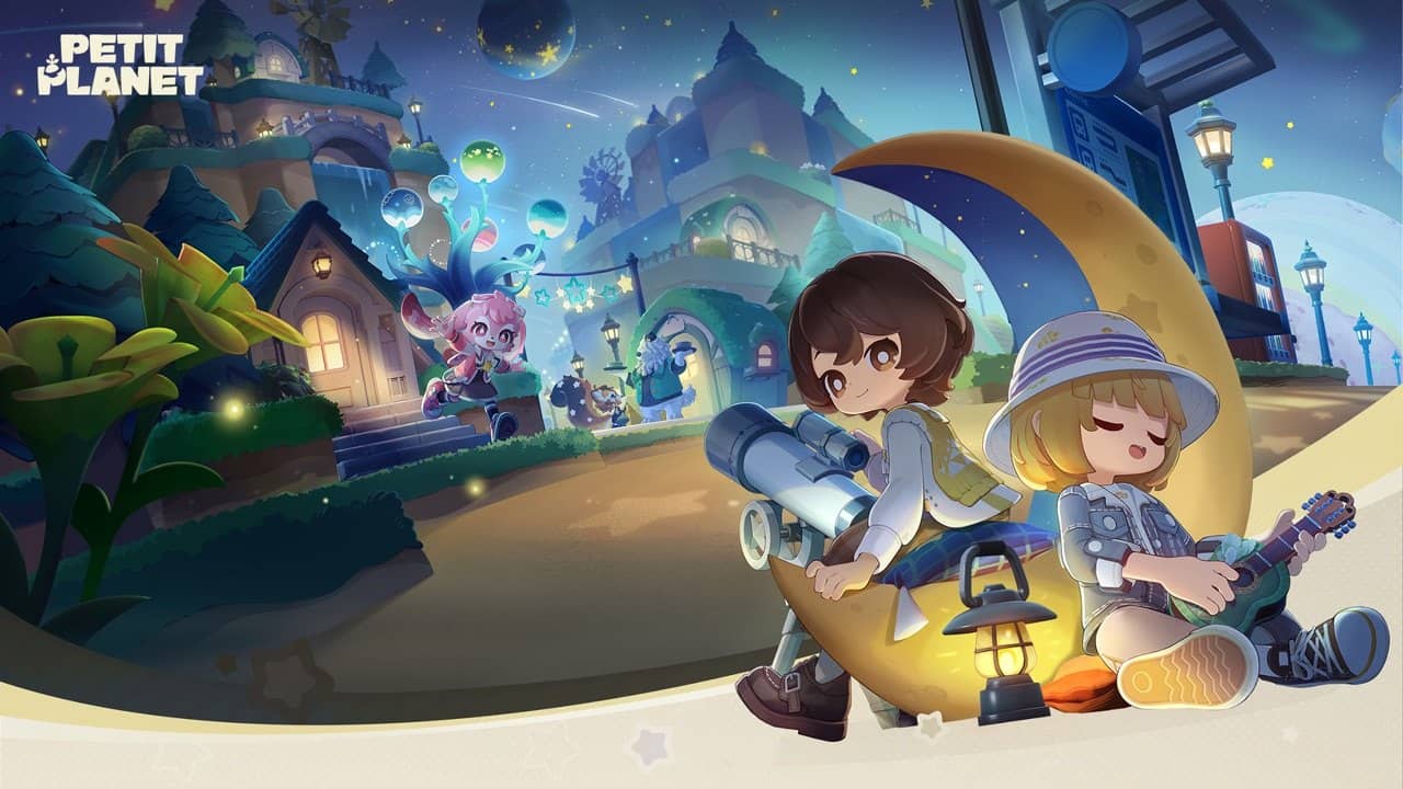 Two characters sitting beside a crescent moon in Petit Planet